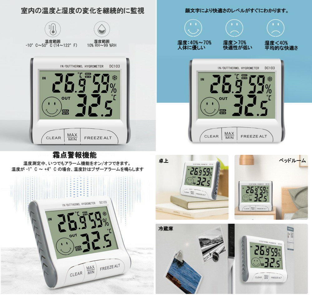多機能 室内室外 デジタル 温度計 湿度計 顔文字 快適レベル 温湿度計 時計 熱中症 モニター[定形外郵便、送料無料、代引不可] [2]