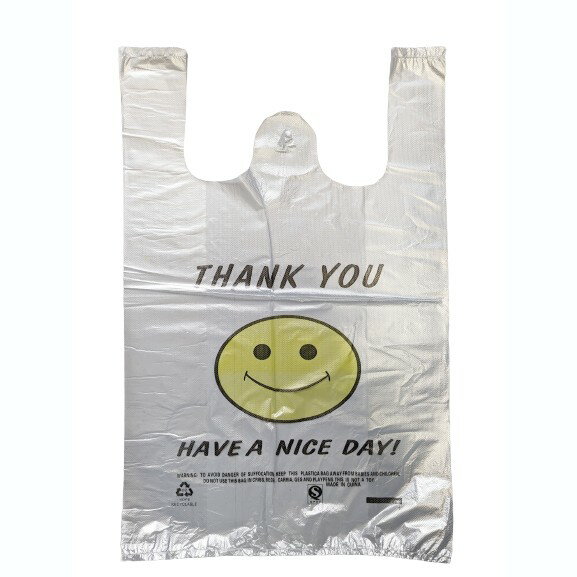 スマイル柄プリント レジ袋 ビニール袋 約100枚入り 50×30cm 手提げ袋 笑顔デザイン