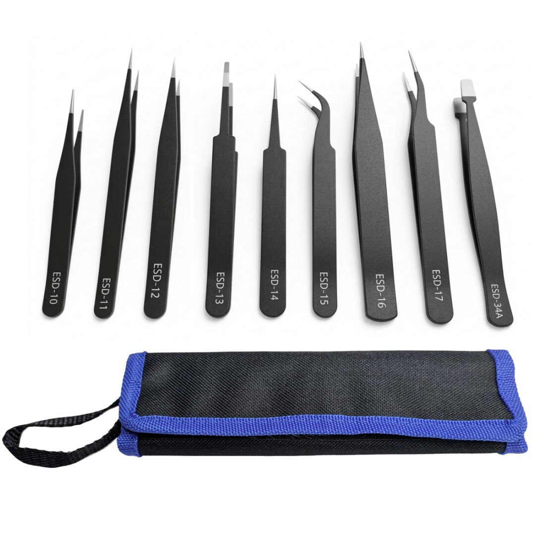 樂天商城 - 精密ピンセット 9本 ESD 静電防止 極細 ステンレス製 修理工具 電子機器 分解 ネイル 宝石用 収納袋付き[ゆうパケット発送、送料無料、代引不可]