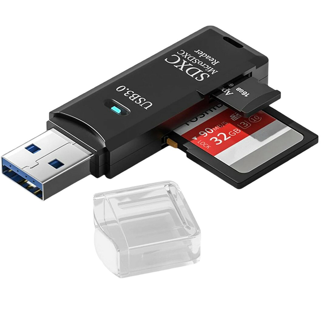 USB3.0カードリーダー 商品説明 【2スロット設計】 SDカードスロットとMicro SDカードスロットを搭載したデュアルスロット設計。写真や動画、各種ファイルを異なるデバイス間で手軽に転送・確認できます。複数のカードを使い分けたい方にも便利です。 【USB 3.0・最大5Gbpsの高速転送】 USB 3.0に対応し、最大5Gbpsの高速データ転送が可能。大量の写真や動画、大容量ファイルもスムーズに転送でき、データの取り込みや整理にかかる時間を短縮します。 【幅広いカード・OSに対応】 SD、MMC、SDHC、MMC、RSMMC、MMC miobile、MMC micro、SDXC、UHS-I、Micro SD、T-Flashなど、さまざまなメモリーカードに対応。Windows、Mac OS、Linux、Androidなど幅広いOSで使用できます。 【簡単接続＆コンパクト設計】 ドライバーのインストールが不要なプラグ＆プレイ対応で、接続するだけですぐに使用できます。軽量・コンパクトで持ち運びやすく、外出先での写真・動画の確認やファイル転送にも便利です。 ※輸入品の為、取扱説明書は付属しておりません。 ※一部の仕様やデザインは予告なく変更になる場合がございます。 商品仕様 サイズ 60×17×8mm 対応メディア SD、MMC、SDHC、MMC、RSMMC、MMC miobile、MMC micro、SDXC、UHS-I、Micro SD、T-Flash 保証について ■メーカー保証なし 記載の注意事項を除く初期不良品の場合のみ、商品到着から1週間以内のみ対応いたします。 ご到着後はお早めに商品状態をご確認ください。 注意事項 ●こちらの商品は、新品です。 ●モニター環境により、実際のカラーと異なって見える場合がございます。 【ゆうパック優先配送の注意事項】(1) 締め切り時刻迄に決済が完了した注文が当日発送となります。(2) 店舗休業日のご注文は翌営業日の発送となります。(3) 商品名に「優先配送との同梱不可」の記載がある商品は優先配送商品との同梱はできません。(4) 商品名に「優先配送との同梱不可」の記載がされた商品が同梱されていた場合は、当日又は翌日発送されませんのでご注意下さい。(5) 同梱商品の中に「優先配送」の商品が1つ以上存在する場合は、配送方法に「定形外郵便」等、「優先配送」以外を選択した商品も「優先配送」で発送されます。※商品の発送は「ゆうパック優先配送」又は「定形外郵便」を選択できます。★配送方法に「定形外郵便」を選択した場合は運送便の都合上、化粧箱を外して簡易包装で発送する場合がございます。プレゼント用にご購入される場合はご注意願います。＜定形外郵便に関する注意事項＞ 　　・ 定形外郵便に関しては基本的にポストに投函する為、 配達時に何らかのトラブル等が有り、万一、購入された商品が配送事故・紛失・破損等によりお手元に届かない場合でも弊社は責任を負いかねますので予めご了承下さい。（配送中の事故等は、免責とさせて頂きます。） 　　・ 定形外郵便に関しては代金引換払い及び時間指定サービスはご利用頂けません。 　　・ 通常便と比べると到着までに時間がかかります。 　　・ 伝票番号による荷物の追跡を行うことはできません。★配送方法に「ゆうパック優先配送」を選択した場合は送付先が北海道、沖縄、離島の場合は注文金額により以下の送料が必要です。・北海道の場合、注文金額が3,980円未満は880円、3,980円以上は送料無料です。・沖縄、離島の場合、注文金額が9,800円未満は880円、9,800円以上は送料無料です。