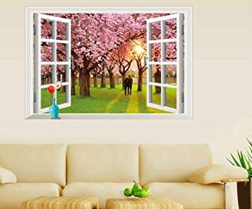 樂天商城 - ウォールステッカー 壁紙 シール (Hタイプ（窓から見える夕日と桜）)[送料無料(一部地域を除く)]