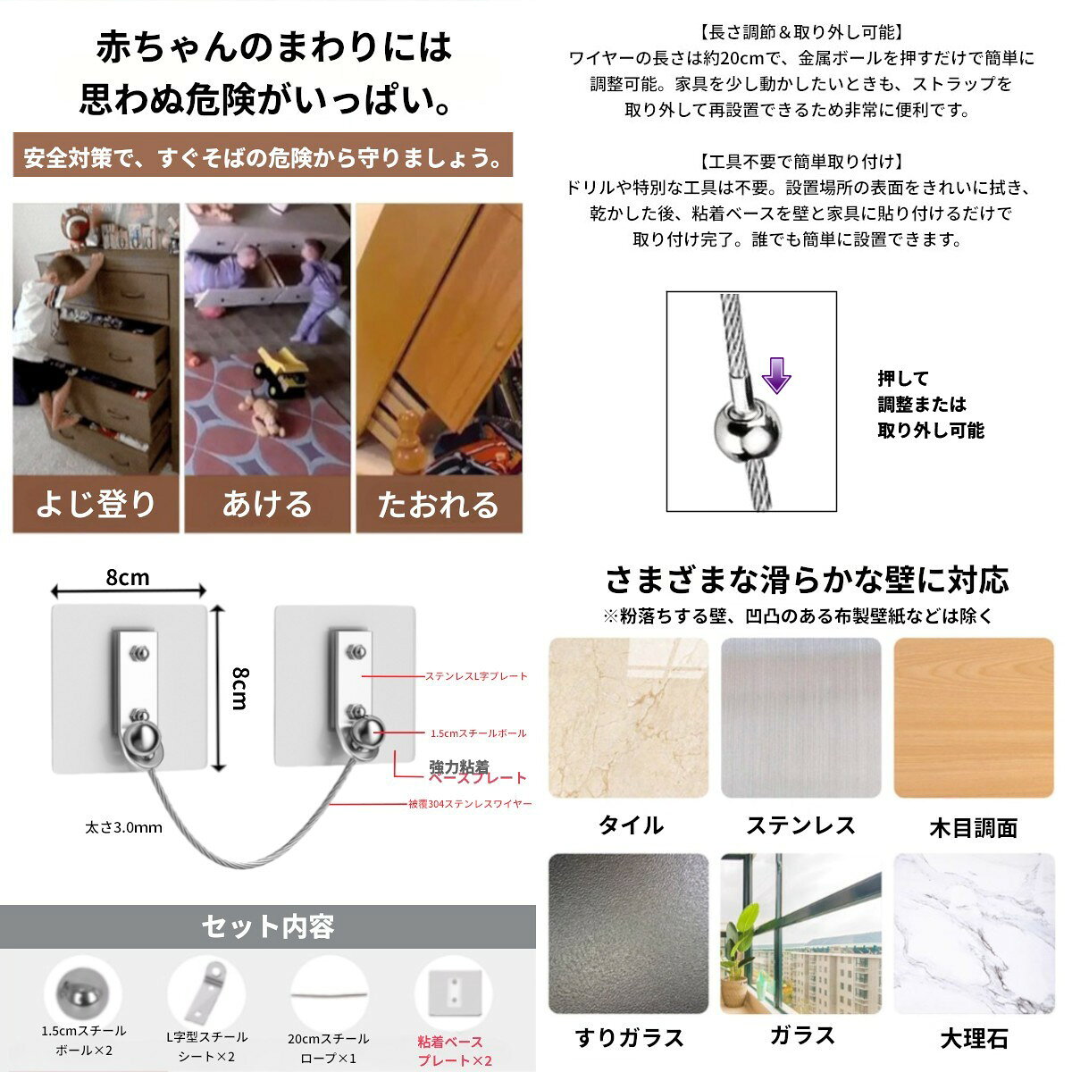 【並行輸入品】家具転倒防止 固定ロック 1ペア 最大引張強度100kg相当 ストッパー ...