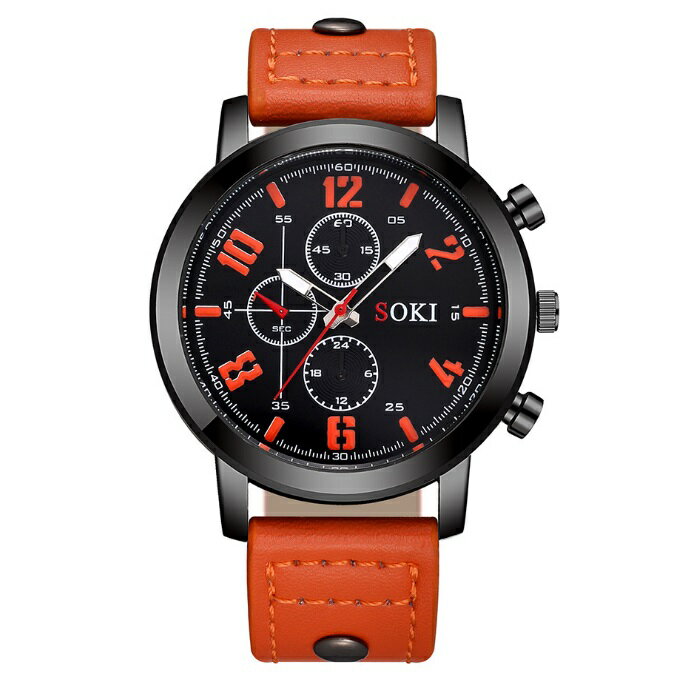 メンズ アナログクォーツウォッチ S1037 《ブラックベゼル オレンジレザーストラップ》 腕時計 おしゃれ シンプル[定形外郵便、送料無料、代引不可]