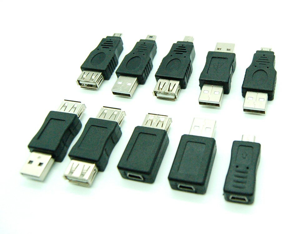 USB2.0アダプター10種セット 商　品　説　明 USBアダプター10種セットです。 様々なタイプに変換できますので接続にも困りません。 データ転送&amp;充電対応。 商　品　仕　様 セット内容 USB Aメス-microUSBオス USB Aオス-miniUSBオス USB Aメス-miniUSBオス USB Aオス-USB Aオス USB Aオス-microUSBオス USB Aオス-USB Aメス USB Aメス-USB Aメス miniUSBメス-USB Aメス miniUSBメス-USB Aオス miniUSBメス-microUSBオス USBバージョン USB2.0 素材 PVC 保　証　に　つ　い　て この商品には、メーカー保証がございません。 初期不良品の場合のみ、商品到着から1週間以内であれば弊社で対応いたしますので、ご連絡ください。 注　意　事　項 ●こちらの商品は、新品です。 ●モニター環境により、実際のカラーと異なって見える場合がございます。　 ※商品の発送は定形外郵便での発送となります。（代引支払は不可、荷物の追跡不可）※この商品は運送便の都合上、化粧箱を外して簡易包装で発送する場合がございます。プレゼント用にご購入される場合はご注意願います。＜定形外郵便に関する注意事項＞ 　　・ 定形外郵便に関しては基本的にポストに投函する為、 配達時に何らかのトラブル等が有り、万一、購入された商品が配送事故・紛失・破損等によりお手元に届かない場合でも弊社は責任を負いかねますので予めご了承下さい。（配送中の事故等は、免責とさせて頂きます。） 　　・ 定形外郵便に関しては代金引換払い及び時間指定サービスはご利用頂けません。 　　・ 通常便と比べると到着までに時間がかかります。 　　・ 伝票番号による荷物の追跡を行うことはできません。