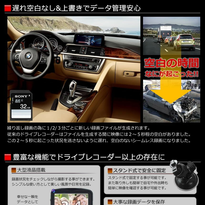 ドライブレコーダー 2.4インチ 日本語表示 液晶 繰り返し録画 上書き 動体 エンジ...
