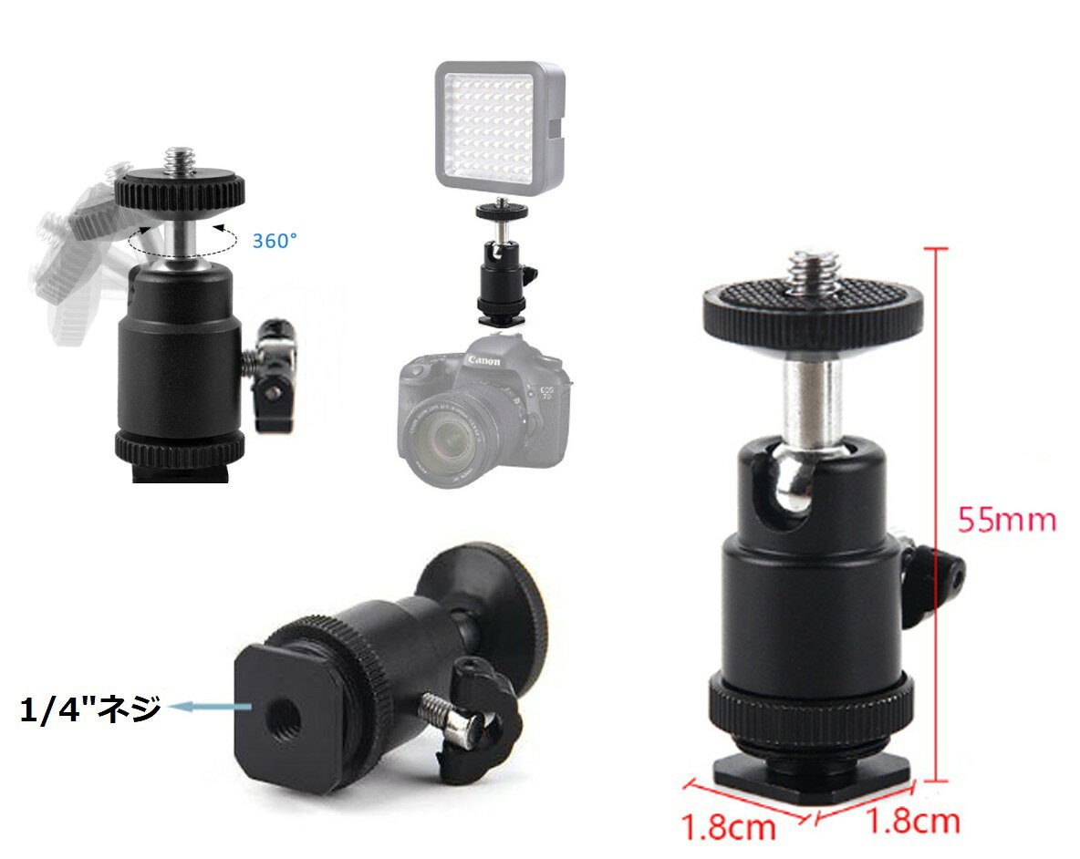 自由雲台 360度回転 1/4ネジ ホットシューアダプター付き ボールヘッド カメラ 三...