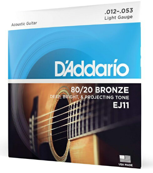 D'Addario ダダリオ アコースティックギター弦 80/20ブロンズ Light .012-.053 EJ11 商品説明 定番中の定番、ダダリオ！アコースティックギター用のブロンズ弦、ライトゲージです。Acoustic Guitar StringsDAddario / EJ-11 / Light.012 .016 .024 .032 .042 .053 商品仕様 サイズ .012 .016 .024 .032 .042 .053 保証について ■メーカー保証なし 記載の注意事項を除く初期不良品の場合のみ、商品到着から1週間以内のみ対応いたします。 ご到着後はお早めに商品状態をご確認ください。 注意事項 ●こちらの商品は、新品です。 ●モニター環境により、実際のカラーと異なって見える場合がございます。 ※商品の発送は定形外郵便での発送となります。（代引支払は不可、荷物の追跡不可）※この商品は運送便の都合上、化粧箱を外して簡易包装で発送する場合がございます。プレゼント用にご購入される場合はご注意願います。＜定形外郵便に関する注意事項＞ 　　・ 定形外郵便に関しては基本的にポストに投函する為、 配達時に何らかのトラブル等が有り、万一、購入された商品が配送事故・紛失・破損等によりお手元に届かない場合でも弊社は責任を負いかねますので予めご了承下さい。（配送中の事故等は、免責とさせて頂きます。） 　　・ 定形外郵便に関しては代金引換払い及び時間指定サービスはご利用頂けません。 　　・ 通常便と比べると到着までに時間がかかります。 　　・ 伝票番号による荷物の追跡を行うことはできません。