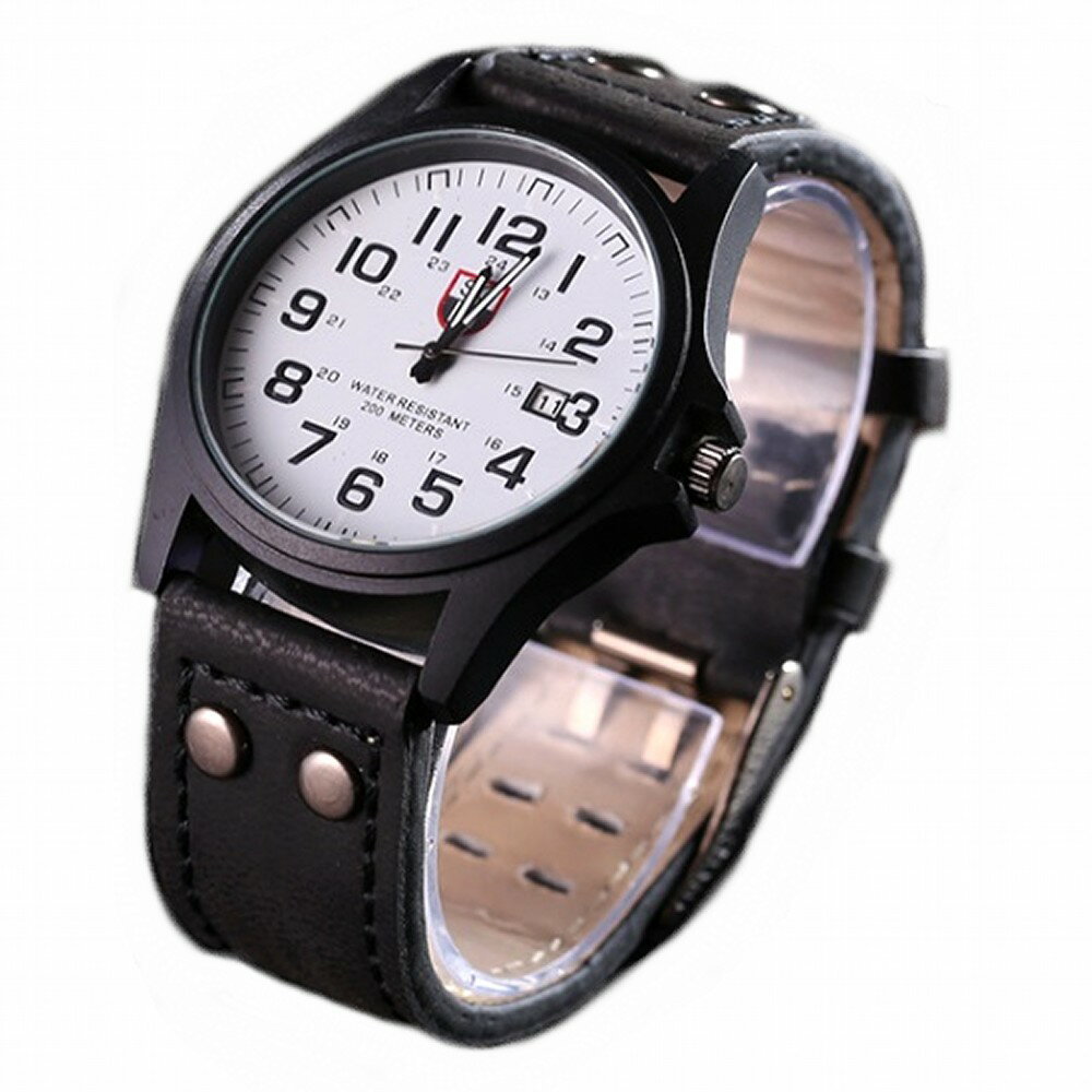 メンズ アナログクォーツウォッチ #05 ホワイト文字盤/ブラックレザーストラップ 腕時計 カジュアル ミリタリー[時計][ギフト][定形外郵便、送料無料、代引不可]