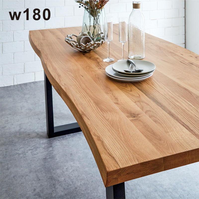 一枚板風 テーブル 6人 幅180cm 180x85 ダイニングテーブル 無垢 一枚板風 天板 オーク無垢 ラバーウッド 耳付き 天板 なぐり加工 スクエア脚 二本脚 脚間調整 一枚板風ダイニングテーブル ナチュラル おしゃれ 高級感 和室 洋室 和モダン スタイリッシュ