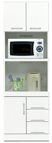 Rakuten - 【マラソン期間中全品ポイント10倍】レンジ台 スリム 完成品 幅60cm 食器棚 隙間収納 キッチン 炊飯器置き レンジボード 大型レンジ キッチン収納 隙間 引き出し 開き扉 ホワイト 光沢 艶 コンセント MOISS 大容量収納 大川家具 日本製 清潔感 おしゃれ シンプル