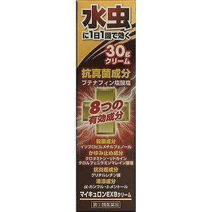 製品の特徴 水虫・たむしは，白癬菌というカビが皮膚の角質層等に寄生して起こる皮膚病で，かゆみや痛みを伴うことが多くあります。 マイキュロンEX8クリームには8種類の有効成分を配合。1日1回の使用により，かゆみや痛みを伴う（水虫・たむしの）不快な症状を改善します。 効能・効果 水虫，いんきんたむし，ぜにたむし 効能関連注意 用法・用量 1日1回，適量を患部に塗布してください。 用法関連注意 （1）定められた用法・用量を厳守してください。 （2）患部やその周囲が汚れたまま使用しないでください。 （3）目に入らないように注意してください。万一，目に入った場合には，すぐに水又はぬるま湯で洗い，直ちに眼科医の診療を受けてください。 （4）小児に使用させる場合には，保護者の指導監督のもとに使用させてください。 （5）外用にのみ使用してください。 成分分量 100g中 成分 分量 ブテナフィン塩酸塩 1g グリチルレチン酸 0.5g dl-カンフル 1g クロルフェニラミンマレイン酸塩 0.5g リドカイン 2g クロタミトン 5g イソプロピルメチルフェノール 0.3g l-メントール 2g 添加物 ミリスチン酸イソプロピル，プロピレングリコール，ポリソルベート60，カルボキシビニルポリマー，パラベン，トリエタノールアミンお得なサンキュークーポンお得なサンキュークーポン詳しくはこちらをクリックお願いいたします