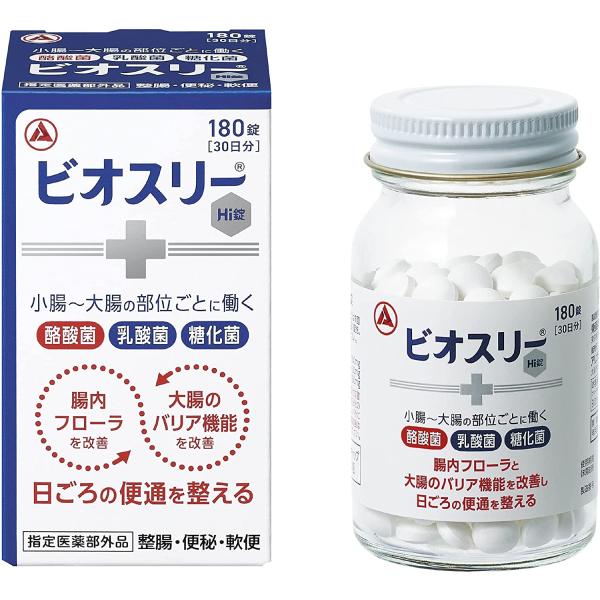 活性生菌剤ビオスリーHiは生きている3種の善玉菌を含んでいます。3種の善玉菌というのは、糖化菌・乳酸菌・酪酸菌で、これらが互いに助け合います。 つまり共生することによって、長い腸管内で増殖し、より高い整腸効果が得られます。 【特徴】 糖化菌・乳酸菌・酪酸菌という3種の善玉菌が腸内菌叢を整え、便通異常を改善します。 ビオスリーHiは3種の共生する活性菌が腸内で有用菌を増やし、腸内フローラを改善することで、腸を整える市販の整腸薬です。 3菌の共生により、単独の時より高い増殖をします。 糖化菌の産生物が腸内ビフィズス菌の増殖を助けます ■糖化菌 腸内有用菌である乳酸菌やビフィズス菌を増やします。 ■乳酸菌 乳酸を産生して腸内フローラを改善するとともに、酪酸菌の増殖を助けます。 ■酪酸菌 乳酸菌とともに腸で増え、大腸のエネルギー源として腸の機能維持に必要な酪酸を産生します。 [効能効果] ・整腸（便通を整える） ・便秘　　 ・軟便　　 ・腹部膨満感 【用法用量】 次の量を食後に服用してください。 年齢：1回量：1日服用回数 成人（15歳以上）：2錠：3回 5歳以上 15歳未満：1錠：3回 5歳未満：服用しないこと ＜用法及び用量に関連する注意＞ ・小児に服用させる場合には、保護者の指導監督のもとに服用させてください。 ・用法・用量を厳守してください。 広告文責 Fukuko高橋　将史お得なサンキュークーポンお得なサンキュークーポン詳しくはこちらをクリックお願いいたします