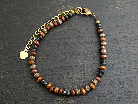 Brass/ウッドビーズ/ブラックスピネル ブレスレット(古美仕上)