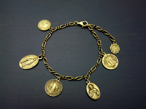 【INRI】【不思議(奇跡)のメダイ/ルルドの聖母/聖ベネディクトなど】 Silver925＋ゴールド鍍金 メダイ ブレスレット(古美仕上)