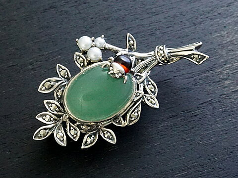 【Rokuzan/碌山】【花束に昆虫】 Silver925/グリーンアベンチュリン/ガーネット/シードパール/マルカジット アンティークデザイン/ブローチ兼ペンダントトップのサムネイル