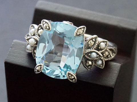 Topaz - 【Rokuzan/碌山】 Silver925/ブルートパーズ(12x10mm)/シードパール/マルカジット アンティークデザイン/リング