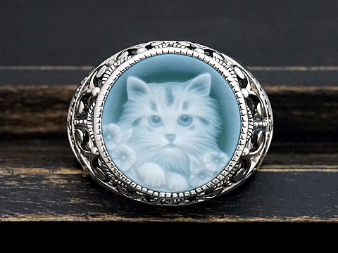 【Rokuzan×various jewelry】【猫の肖像画】 Silver925/メノウカメオ(緑)/マルカジット アンティークデザイン/リングのサムネイル