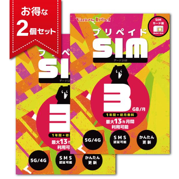 【お得な2枚セット】プリペイドSIM 日本 3GB 月 SMS認証可能 最大13ヶ月 1年間有効 大容量 楽天モバイル回線使用 SIMカード 日本 海外 Prepaid SIM プリペイド データ専用 4GLTE 5G対応 japan 日本上網卡 日本網卡 日本旅遊網卡 日本電話卡 子供向け