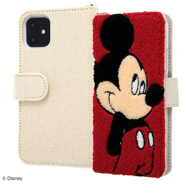 ディズニー iPhone 11 手帳型 ケース カバー サガラ刺繍 [ タオル生地＋刺繍 帆布 ふわふわ ] ミラー付き ICカード収納 Dリング付き ミッキー IS-DP21SGR1/MK