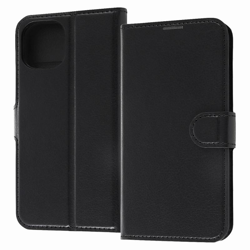 Rakuten - iPhone 14/ 13 耐衝撃 手帳型レザーケース シンプル マグネット/ブラック/ブラック