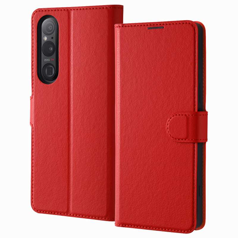 Rakuten - Xperia 1 V 耐衝撃 手帳型レザーケース シンプル マグネット/レッド