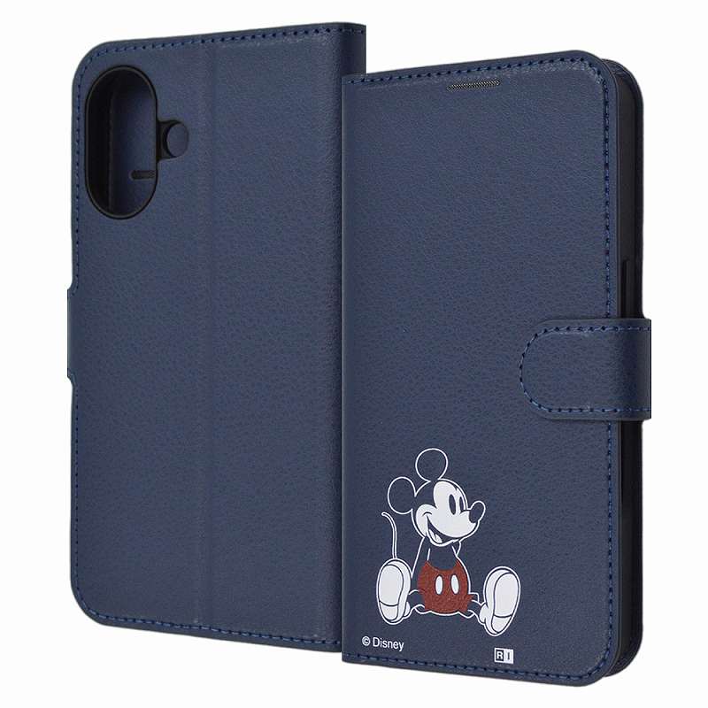 Rakuten - iPhone 16 ディズニー / 衝撃吸収 マグネットベルト シンプル 手帳型レザーケース / ミッキーマウス_sitting