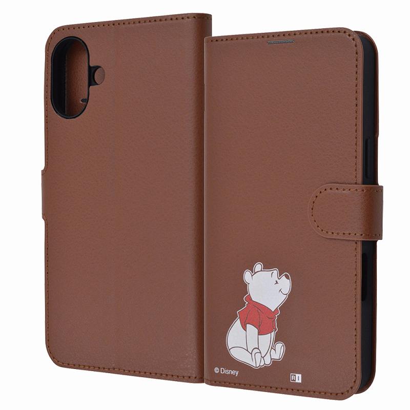 Rakuten - iPhone 16 Plus ディズニー / 衝撃吸収 マグネットベルト シンプル 手帳型レザーケース / くまのプーさん_sitting
