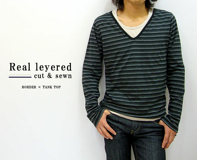≪ブラックフライデー●全品PT5倍≫【Revo】Tシャツ メンズ 長袖 トップス カットソー Vネック インナー ボーダー柄 タンクトップ 2枚セット 重ね着 ...