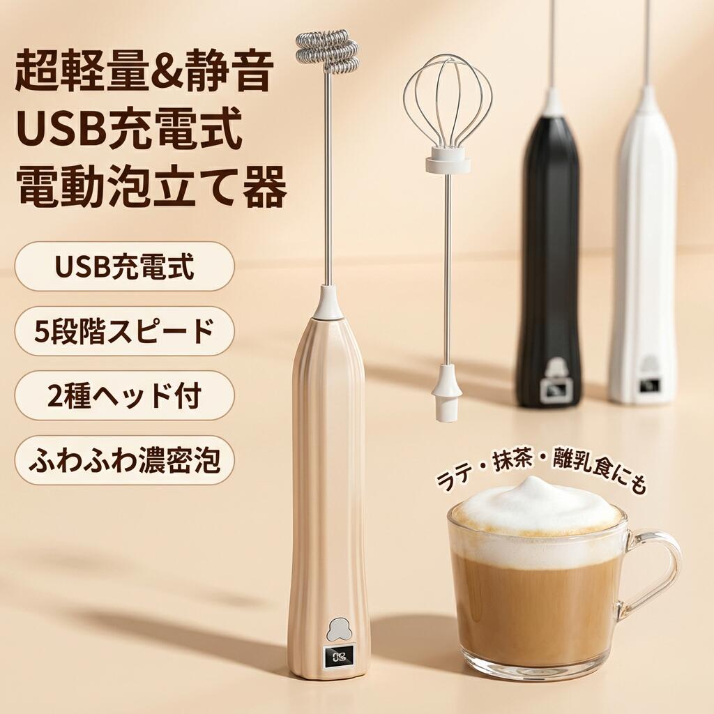 【超軽量＆静音】USB充電式 電動泡立て器 ミルクフォーマー ミニ ハンドミキサー 5段階調整 ダブル泡立て 卵 ホットチョコレート ラテ 抹茶 お菓子作り 離乳食 介護食 幼児食 ポイント消化 プレゼント ギフト 人気 おすすめ 新生活 母の日 父の日 誕生日
