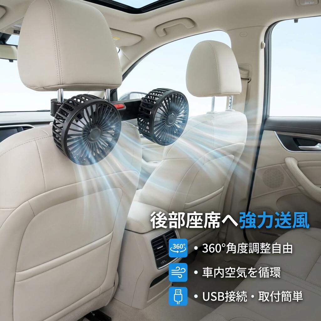 ＼新生活 2点で10%OFF／車 扇風機 後部座席 車用扇風機 双頭車載ファン 車用扇風機 後部座席 USB接続 3段階風量 360°角度調整可能 長配線 クリップ付き 取付簡単 夏対策 熱中症対策 空気循環 暑さ対策 強力 ツインファン 車 ファン 車 エアコン 扇風機 車内 扇風機