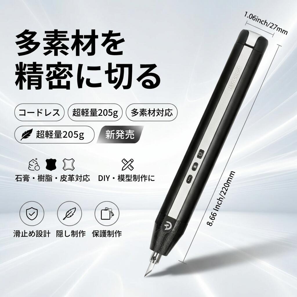 【多素材を精密に切る】Hanboost 超音波切断機 コードレス超音波カッター コンパクト 軽量 石膏 樹脂 プラスチック 皮革 3D印刷モデル 炭素繊維 DIY 工作室 ポイント消化 プレゼント ギフト 人気 おすすめ 新生活 母の日 父の日 誕生日