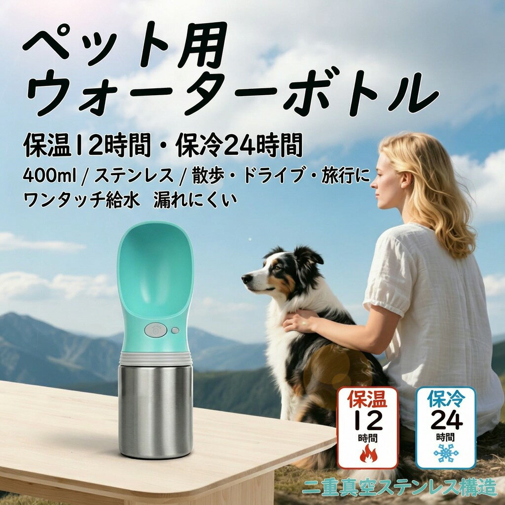 品名 ペット用保冷ウォーターボトル 商品サイズ(cm) 約 幅7.5cm 奥行7.5cm 高さ27.5cm 重量約 289g 素材ボトル本体：ステンレス鋼 / その他部品：ABS樹脂、シリコン 容量 400ml カラー ティール (青緑) セット内容 ボトル本体 おすすめポイント【24時間保冷・12時間保温】 二重真空ステンレス構造で、夏の散歩やドライブ中も水を長く冷たく保ち、冬場は温かさをキープします。 【リードが濡れない便利な設計】 給水後、余った水がボトル内に戻る「自動戻水」機能付き。お水を出してもペットの首周りやリード、床を濡らしません。ロックボタンで誤操作防止。 【片手で簡単操作】 ワンボタンで給水可能。リードを持ったままでも、簡単にペットに水を飲ませることができます。 【1.2L大容量&軽々持ち運び】 1.2L大容量タンクの設計で、最大連続10時間使用を実現します！寝る前に水を一回入れて朝まで部屋を加湿して、一回給水すると、長い時間を使用するミニ加湿器となります。この加湿器には、柔らかく高品質な持ち運び用ベルトが付属しており、使う場所を変えたい時や、お掃除の時も片手で簡単に移動できます。 【持ち運びに便利】 約289gの軽量設計。車のカップホルダーやリュックのサイドポケットにもすっぽり収まるコンパクトサイズです。 【衛生面と耐久性に配慮】 本体はサビにくい18-8(304)ステンレス鋼。丸みを帯びた水受けと、分解洗浄可能な設計で、隅々まできれいに洗え、清潔を保てます。耐衝撃性のあるシリコンパッド付き。 商品説明文愛犬・愛猫の暑い日の水分補給に。保冷・保温機能付きステンレスボトルで、いつでも清涼でキレイな水をお届けします。 こんなシーンで ・夏の暑い日の長時間のお散歩 ・車でのお出かけ・旅行 ・アウトドアやキャンプ ・ご自宅での水分補給** 【お手入れ方法】 水受け部分など、各部品を分解して、食器用洗剤と水でやさしく手洗いしてください。本体の長期使用に適した洗浄方法です。 関連キーワード:ペット 水筒 犬 水筒 猫 給水器 保冷 水筒 ステンレス ボトル 散歩 グッズ ドライブ 熱中症 対策 夏 ペット 旅行 用品 自動戻水 濡れない 給水器 ペット 水飲み器 ペットボトル 水 ウォーターボトル 給水ボトル 給水器 水筒 シャワー おしっこ コンパクト ベッド ペットウォーターボトル water お散歩ハンディシャワー グッズ アウトドア おしっこに水かけ ペットウオーターボトル ペットのお出かけ用ウォーターカップ ペット水筒 ペット用ミネラルウォーター ポータブル 犬ウォーターボトル 犬の散歩グッズ 犬の水飲み器 犬みずいれペットボトル 犬給水ボトル 犬散歩水やり 犬散歩水飲み 犬散歩水筒 犬散歩用水入れ 犬水 犬水飲み器 持ち運び可能なペット用ウォーターボトル 食器付き 水飲みボトル 水分補給 ウォーターディッシュ ウォーターノズル おしっこシャワー おやつ入れ お散歩 ペットボトル水筒 ペット水のみ容器 ペット用水筒 ペット用 携帯用水飲み 犬グッズ 犬のみずのみ器こぼれない 犬の水飲み器ペットボトル 水入れウォーターボトル 洗える 漏れない 注意事項 ・ラッピング対応は行っておりません。 ・予告なく仕様変更になる場合がございます。 ・写真はイメージです。実際の商品と若干異なる場合がございます。 ・基本は全国一律送料無料と対応させていただきますが、沖縄・北海道・離島地域へお届けの場合は別途送料をご請求させていただきます。 ・商品のサイズは採寸方法によって、若干な誤差が生じる場合はあります。ご了承ください。 品質保証 ・出品商品は全て新品未使用です。 ・安心の初期不良対応 ：万が一商品に不具合があった場合は、商品到着後7日以内にご連絡ください。 ・不具合の状況確認のため、写真や動画のご提供をお願いする場合がございます。確認後、速やかに「新品交換」または「ご返金」にて対応させていただきます。 ・お客様に安心してご購入いただけるよう、誠心誠意サポートいたします。「悪い評価」を付ける前に、まずはお気軽にご相談ください。 ペット 水筒, 犬 水筒, 猫 水筒, 給水器, ペット用ウォーターボトル, ペットウォーターボトル, ペット用保冷ウォーターボトル, 給水ボトル, 給水器 水筒, 給水器 ペット, ステンレス ボトル, ステンレス水筒, 自動戻水, 自動戻水機能, 漏れ防止, わンタッチ給水, ワンタッチ, ロックボタン誤操作防止, 片手で給水, ペット 水飲み器, ペット水飲みボトル, 犬の水飲み器, 猫の水飲み器, 散歩 グッズ, 犬の散歩グッズ, 犬ウォーターボトル, 犬給水ボトル, 犬散歩水やり, 犬散歩水飲, お散歩ハンディシャワー, ペット水筒 ポータブル, ポータブル, コンパクト, 軽量 289g, ベルト付き, アウトドア, ペット 旅行 用品, ドライブ, 車載, 熱中症 対策, 夏 ペット, 暑い日 水分補給, 保冷 24時間, 保温 12時間, 二重真空ステンレス, ティール カラー, おしゃれ 高見え, 高品質シリコン, ペットのお出かけ用ウォーターカップ, ペットボトル水, water, ペット用ミネラルウォーター, ポイント消化, 新生活, 母の日 プレゼント, 父の日 ギフト, プレゼント ギフト, 人気 おすすめ, 楽天スーパーSALE, お買い物マラソン, ペットのお出かけ用ウォーターカップ, ペットボトル 水, 犬みずいれペットボトル注意事項：モニターの発色により、実物と異なる場合がございます。