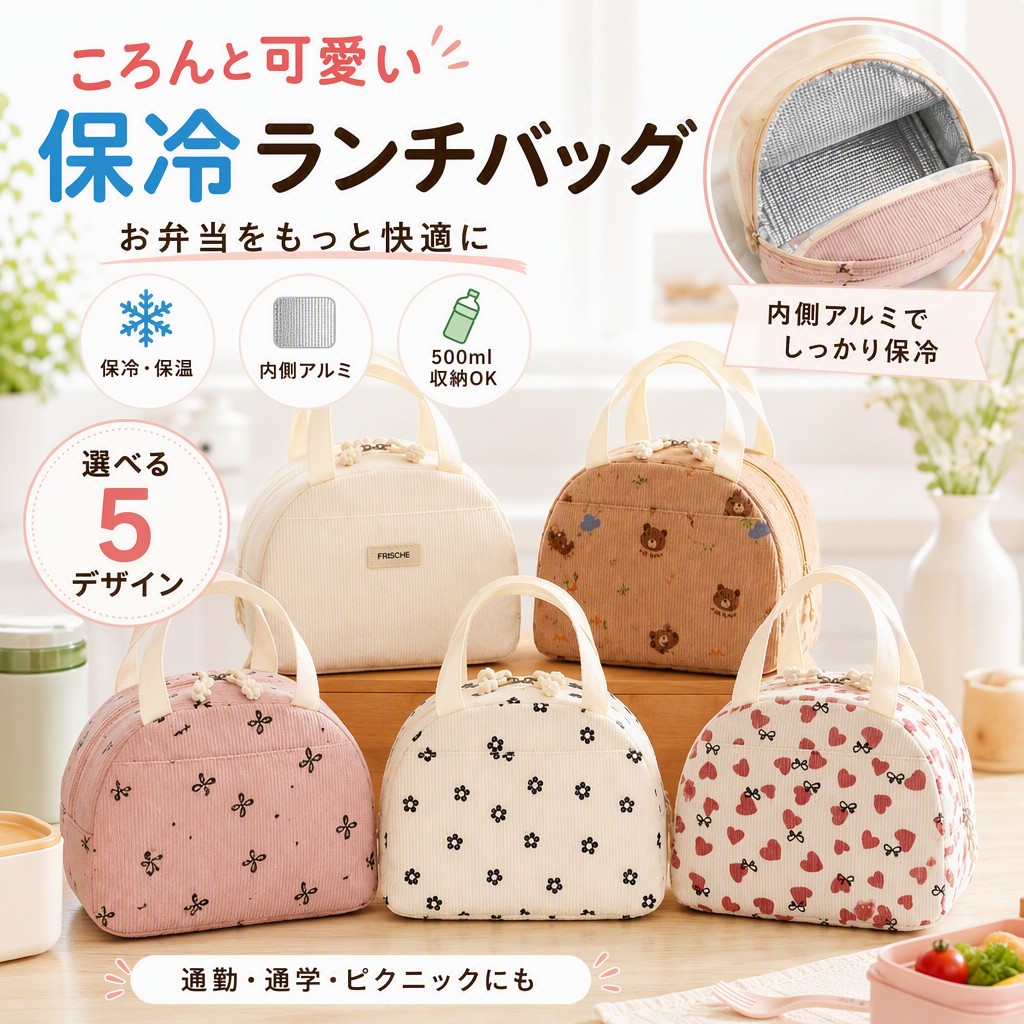 ころんとした丸みのあるフォルムが可愛い、保冷・保温対応のランチバッグです。 やわらかなコーデュロイ調の生地で、毎日のお弁当時間をやさしい雰囲気にしてくれます。 内側にはアルミ素材を使用しており、保冷剤と一緒に使えば暑い季節のお弁当や飲み物の持ち運びにも便利。 冬は温かい飲み物やスープジャーの持ち運びにも使いやすく、季節を問わず活躍します。 ダブルファスナー仕様で開口部が大きく開くため、お弁当箱やボトルの出し入れもスムーズ。 見た目はコンパクトながら、お弁当箱・500mlペットボトル・フルーツ・カトラリーなどをまとめて収納できます。 フロントポケット付きで、スマートフォン、ティッシュ、カトラリー、ランチマットなどの小物収納にも便利。 手提げタイプなので、通勤・通学・遠足・ピクニック・職場ランチなど、さまざまなシーンでお使いいただけます。 ・保冷・保温に対応したランチバッグ ・内側アルミ素材でお弁当の持ち運びに便利 ・大きく開くダブルファスナー仕様 ・お弁当箱や500mlペットボトルも収納可能 ・小物を入れやすいフロントポケット付き ・軽くて持ち運びやすい手提げタイプ ・かわいいコーデュロイ調デザイン ・通勤 注意事項 ・ラッピング対応は行っておりません。 ・予告なく仕様変更になる場合がございます。 ・写真はイメージです。実際の商品と若干異なる場合がございます。 ・基本は全国一律送料無料と対応させていただきますが、沖縄・北海道・離島地域へお届けの場合は別途送料をご請求させていただきます。 ・商品のサイズは採寸方法によって、若干な誤差が生じる場合はあります。ご了承ください。 品質保証 ・出品商品は全て新品未使用です。 ・安心の初期不良対応 ：万が一商品に不具合があった場合は、商品到着後7日以内にご連絡ください。 ・不具合の状況確認のため、写真や動画のご提供をお願いする場合がございます。確認後、速やかに「新品交換」または「ご返金」にて対応させていただきます。 ・お客様に安心してご購入いただけるよう、誠心誠意サポートいたします。「悪い評価」を付ける前に、まずはお気軽にご相談ください。 検索関連ワード ランチバッグ, 保冷バッグ, 保温バッグ, 保温保冷バッグ, お弁当袋, 弁当袋, お弁当バッグ, 弁当バッグ, ランチトート, ミニトート, 手提げバッグ, ランチポーチ, ランチケース, お弁当入れ, 保冷ランチバッグ, 保温ランチバッグ, アルミランチバッグ, 内側アルミ, アルミ素材, 保冷剤対応, ダブルファスナー, 大きく開く, フロントポケット, 小物収納, 500ml収納, 500mlペットボトル, ボトル収納, スープジャー, カトラリー収納, ランチマット収納, 軽量, 軽い, コンパクト, 小さめ, 大容量, 収納力, 丸型, 丸みフォルム, ころんと可愛い, コーデュロイ調, やわらか素材, おしゃれ, かわいい, 大人かわいい, シンプル, ナチュラル, カジュアル, 韓国風, レディース, メンズ, 女性, 男性, 学生, 子供, 高校生, 大学生, 社会人, 通勤, 通学, 職場, オフィス, 学校, 遠足, ピクニック, アウトドア, レジャー, お花見, 運動会, 毎日使い, 夏用, 冬用, 新生活, 母の日, 父の日, プレゼント, ギフト, プチギフト, 人気, おすすめ, ポイント消化注意事項：モニターの発色により、実物と異なる場合がございます。