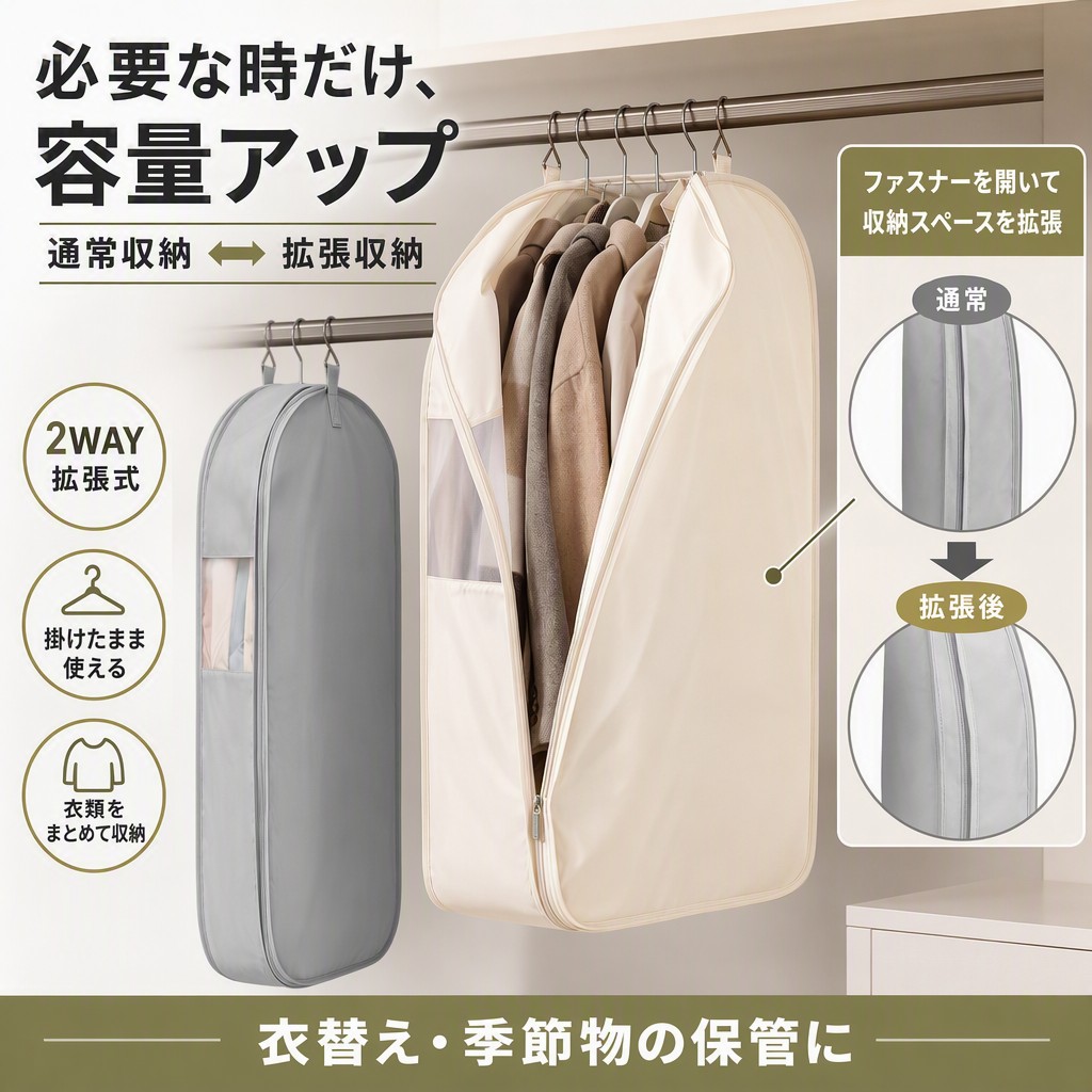 【必要な時だけ容量拡張】拡張式 洋服カバー クローゼット収納 大容量 衣類収納ケース ハンガー掛け 衣類カバー 2WAY 隠しファスナー 防塵 コート ダウン ジャケット セーター 毛布 衣替え 吊り下げ収納 ポイント消化 プレゼント ギフト 人気 おすすめ 新生活 母の日 父の日