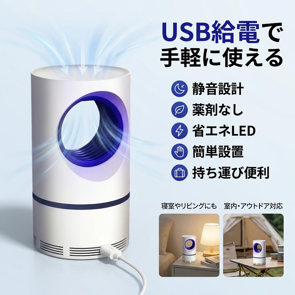 【USB給電で手軽に使える】電気蚊取 蚊取り器 UV光源吸引式捕虫器 吸い込み式 蚊よけ 虫取り器 静音 LED搭載 省エネ 薬剤なし 害虫対策 室内 アウトドア オフィス 寝室 リビング 携帯便利 簡単設置 ポイント消化 プレゼント ギフト 人気 おすすめ 新生活 母の日 父の日