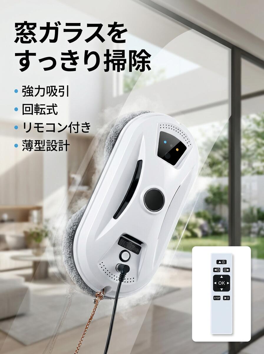【窓ガラスをすっきり掃除】窓拭きロボット 強力吸引 回転式 水拭き 乾拭き 真空吸着 落下防止 薄型 リモコン付き 窓掃除 窓ガラス ガラスクリーナー ポイント消化 プレゼント ギフト 人気 おすすめ 新生活 母の日 父の日 誕生日