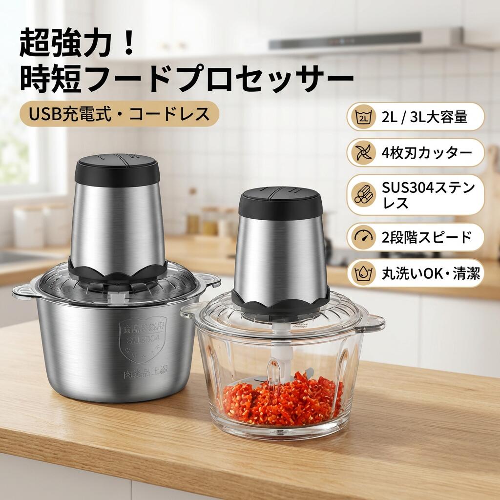 商品名 プロセッサー 商品説明 【一台多役＆料理の時短に大活躍】料理で一番面倒な材料切りをフードプロセッサーに任せしましょう。 忙しい毎日、料理はなるべく時間をかけずにぱぱっと簡単に作ることができます。料理時間を明らかに短縮して、家事で忙しい主婦の強い味方です！ 【3L大容量＆料理の幅が広がる】1.8Lの大容量フードプロセッサーなので、1-6人家族でも余裕に使うことができ、低速回転で粗にんじん、高速回転でなめらかなにんじんペーストというように仕上がりを変えることができます。柔らかめの食材にも硬めの食材にも対応できています。パセリ、玉ねぎ、青ネギ、野菜、果物、肉など豊富なお料理に活用できます。これ1台だけで料理の幅がグンと広がります。 【超強力モーター＆切れみ抜群】フードチョッパーは300W超強力モーターを搭載し、切れみ抜群なカッターが4枚付いて、一台で食材を刻む、砕く、混ぜる、潰すなどができます。犬と猫の食べ物から、赤ちゃんの離乳食、忙しい朝の時短料理、面倒な下ごしらえまでさまざまな場面で大活躍です！ 【二段階切替可能＆使いやすい】調理方法によって食材の仕上がりを変化させたい人には、二段階速度調節機能がありますから便利です。 「低速」ボタンは果物、玉ねぎ、にんにくなど柔らかい材料を刻む、「高速」ボタンはナッツ、ニンジン、肉など硬い材料を刻むことができます。ボタンを押すだけの簡単操作！料理下手な方でも簡単に使える優れた人気フードプロセッサーです。 素材 サイズ カラーについて モニターの発色の具合によって実際のものと色が異なる場合がございます。 注意事項 ・ラッピング対応は行っておりません。 ・予告なく仕様変更になる場合がございます。 ・写真はイメージです。実際の商品と若干異なる場合がございます。 ・基本は全国一律送料無料と対応させていただきますが、沖縄・北海道・離島地域へお届けの場合は別途送料をご請求させていただきます。 ・商品のサイズは採寸方法によって、若干な誤差が生じる場合はあります。ご了承ください。 品質保証 ・出品商品は全て新品未使用です。 ・安心の初期不良対応 ：万が一商品に不具合があった場合は、商品到着後7日以内にご連絡ください。 ・不具合の状況確認のため、写真や動画のご提供をお願いする場合がございます。確認後、速やかに「新品交換」または「ご返金」にて対応させていただきます。 ・お客様に安心してご購入いただけるよう、誠心誠意サポートいたします。「悪い評価」を付ける前に、まずはお気軽にご相談ください。 フードプロセッサー, フードチョッパー, 電動フードチョッパー, チョッパー, みじん切り器, 調理家電, キッチン家電, 電動みじん切り, 300W, 超強力モーター, 4枚刃, 4ブレード, 304ステンレス, ステンレス刃, 2L, 3L, 大容量, 大きめボウル, 1-6人用, 2段階スピード, 低速, 高速, スピード調整, USB充電式, 充電式, コードレス, 水洗い可能, 分解洗い, 水洗いOK, 離乳食, 赤ちゃん, 介護食, 肉, 野菜, 果物, みじん切り, ペースト, 潰す, 混ぜる, 刻む, 砕く, 時短調理, 忙しい朝, 下ごしらえ, 家事ラク, パパッと簡単, 新生活, 母の日, 父の日, 誕生日, プレゼント, ギフト, ポイント消化, 人気, おすすめ, 送料無料, 楽天スーパーSALE, お買い物マラソン注意事項：モニターの発色により、実物と異なる場合がございます。