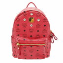 【中古】極美品 エムシーエム MCM Visetos Stark Backpack ヴィセトス スターク バックパック ロックスタッズ レザー シボ革 ミニ リュックサック ロゴ 総柄 デイパック カバン 鞄 SMALL ビビッドピンク レッド ゴールド MMK2AVE20RE001/ME11 【ベクトル 古着】 231111