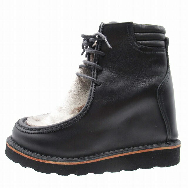 【中古】極美品 11aw ミハラヤスヒロ MIHARA YASUHIRO GIANT PARABOOT ジャイアント パラブーツ 厚底 アザラシ ファー レザー インヒールブーツ プラットフォーム シューズ 靴 25.0 黒 ブラック ブラウン MY64230200/レディース メンズ 【ベクトル 古着】 240115