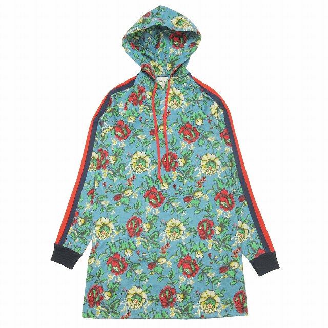 【中古】美品 グッチ GUCCI 花柄 シェリーライン パーカー チュニック ワンピース 長袖 膝丈 ハーフ ジ..