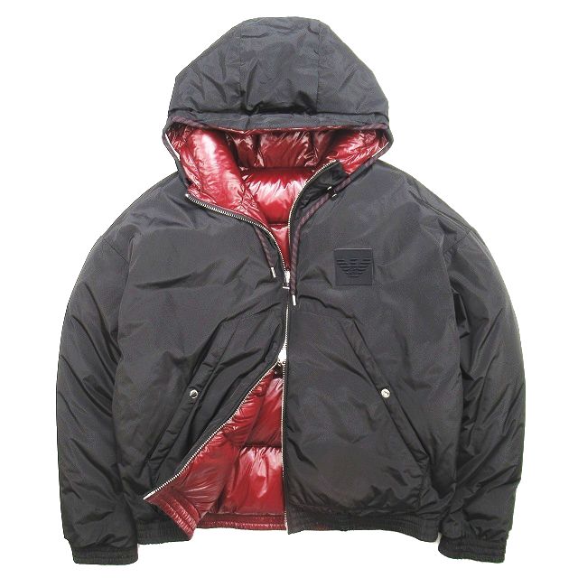 【中古】美品 22aw エンポリオアルマーニ EMPORIO ARMANI リバーシブル ダウン ジャケット ブルゾン ナイロン フーデット フード付き ロゴ パッチ ダブルジップ アウター サイズ50 L ボルドー ブラック メンズ 【ベクトル 古着】 240222