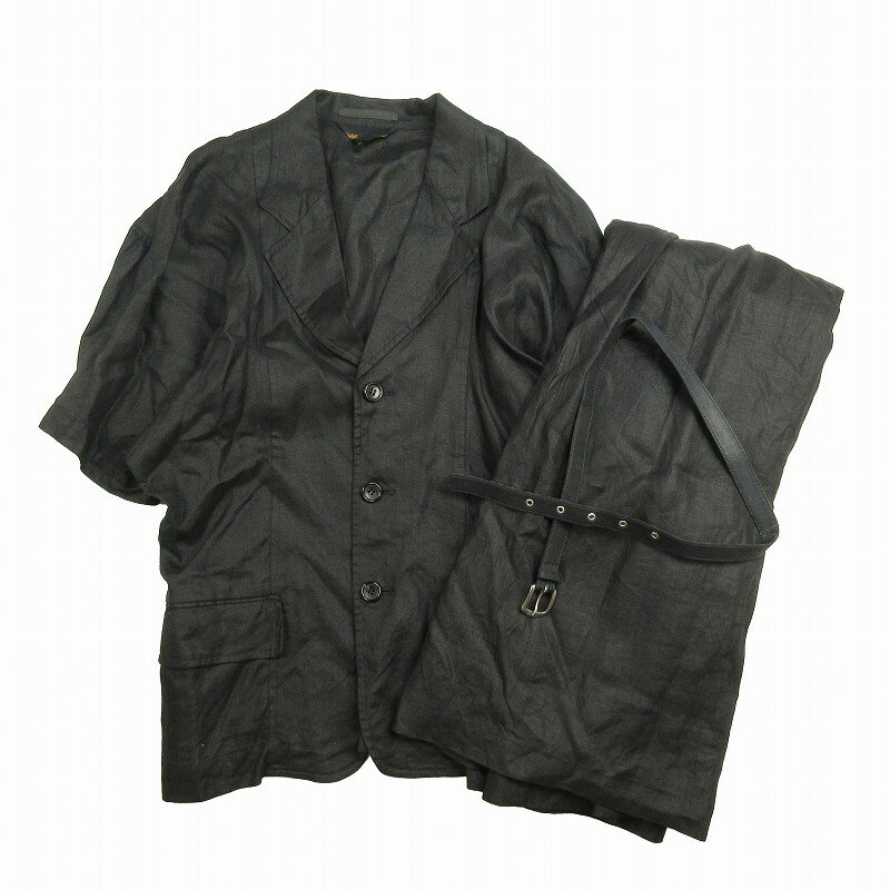 【中古】89SS コムデギャルソン COMME des GARCONS リネン100％ スカート スーツ セットアップ 半袖 テーラード ジャケット ドルマンスリーブ ブレザー フレア ロング マキシ丈 ベルテッド ボトムス ヴィンテージ オールド M 黒 ブラック 【ベクトル 古着】 240313