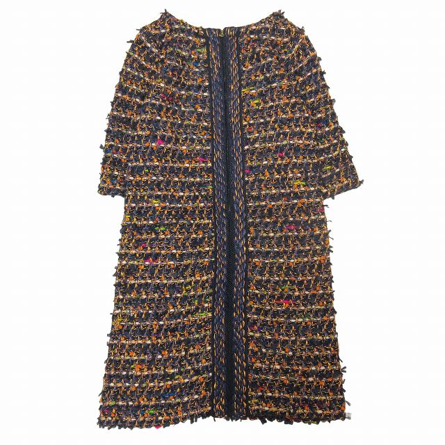 【中古】美品 コーヘン COOHEM ツイード ニット ワンピース 長袖 ハーフ 膝丈 ローゲージ チュニック 刺繍 ボックスシルエット クルーネック 紺 ネイビー オレンジ マルチカラー ♪6 レディース 【ベクトル 古着】 240702