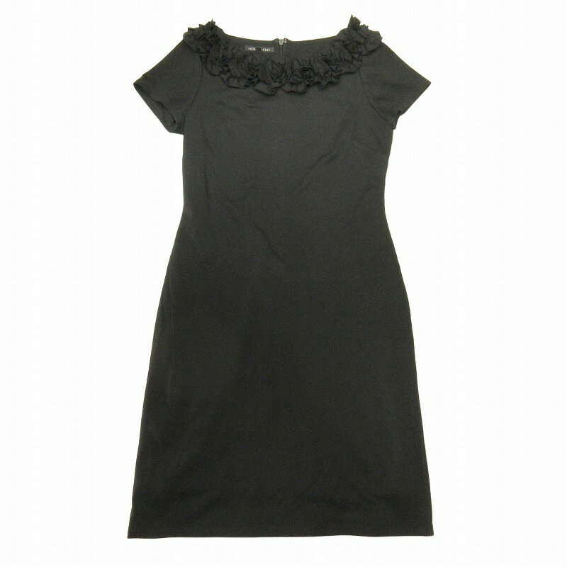 【中古】ローラアシュレイ LAURA ASHLEY フリル ストレッチ ワンピース 半袖 ハーフ 膝丈 タイトシルエット プルオーバー S 黒 ブラック BLM8 レディース 【ベクトル 古着】 240823