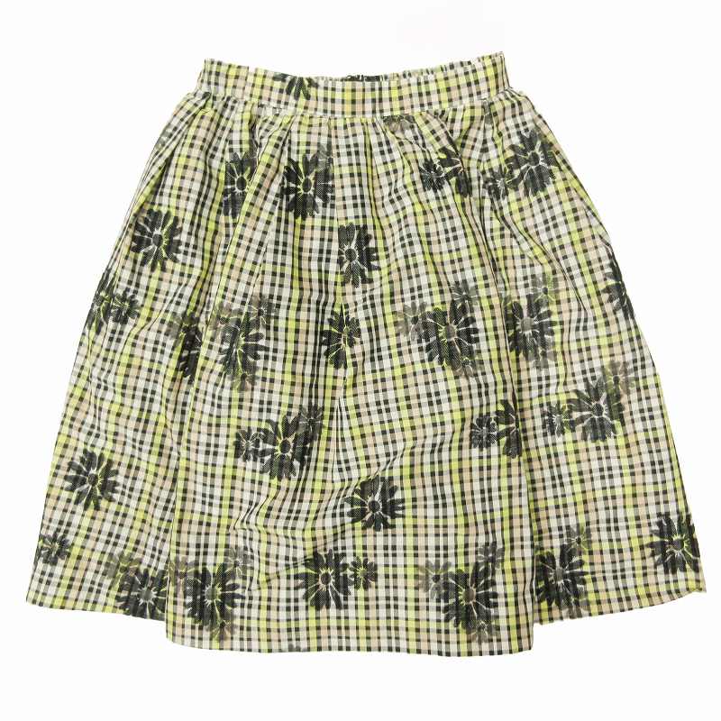 【中古】16SS トッカ TOCCA チェック柄 フラワージャガード フレア スカート ハーフ 膝丈 花柄 イージーウエスト ボトムス 0 黒 ブラック イエロー ♪8 レディース 【ベクトル 古着】 240916