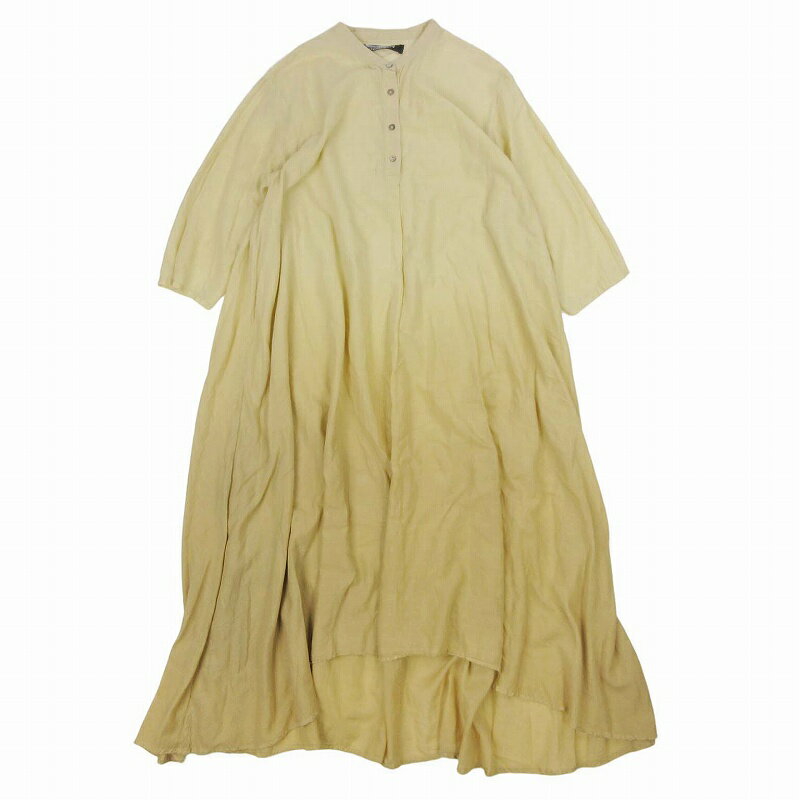 【中古】美品 21SS ミズイロインド mizuiro ind グラデーション 七分袖 ワンピース ハーフボタン フレア ロング マキシ丈 インド綿 薄手 サイズF ベージュ レディース/12 【ベクトル 古着】 241115
