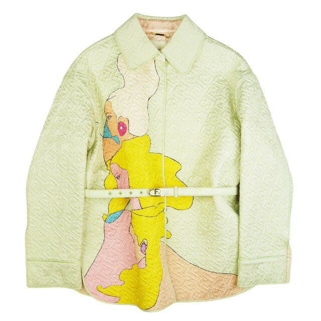 【中古】未使用品 22ss フェンディ FENDI by Kim Jones Hairdo Girls FFステッチ シルク ジャケット FFバックル ベルテッド ブルゾン アウター 38 パステルグリーン FJ7264 AJK7 キムジョーンズ/■Q21/レディース/YM12 【ベクトル 古着】 241224