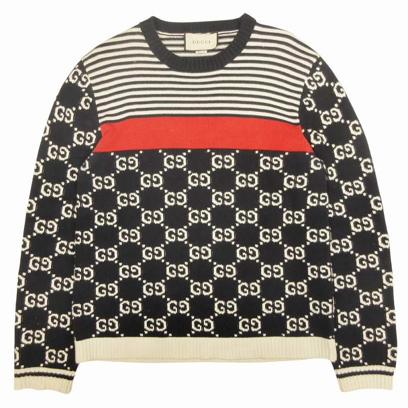 GUCCI　グッチ　ボーダー　ロゴ　ネイビー　ハイネック　ニット　ロングTシャツ GUCCIグッチボーダーロゴネイビーハイネックニットロングTシャツ