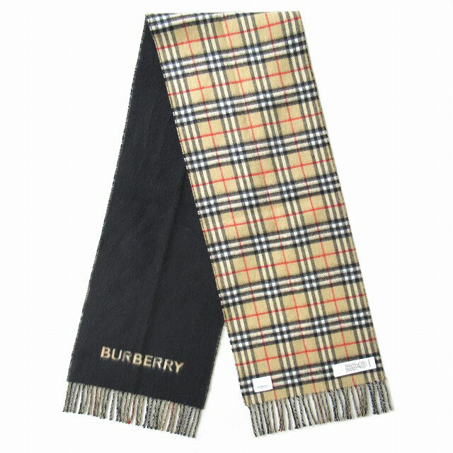 【中古】極美品 バーバリー ロンドン イングランド BURBERRY LONDON ENGLAND カシミヤ チェック リバーシブル フリンジ マフラー ロゴ 近年モデル 8063870 サイズ168×30cm アーカイブベージュ メンズ レディース ユニセックス 【ベクトル 古着】 240126