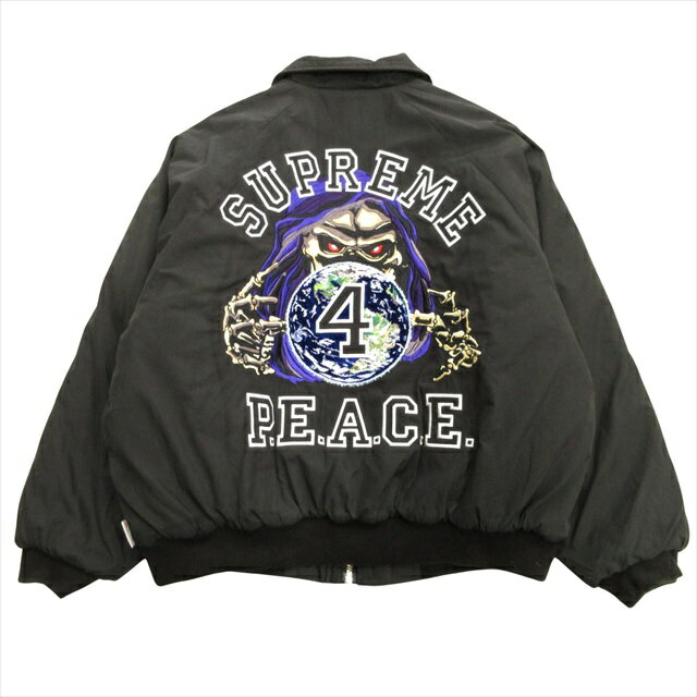 【中古】美品 23aw シュプリーム SUPREME ピース エンブロイダリー ワーク ジャケット Peace Embroidered WORK Jacket ブルゾン スカル 刺繍 中綿 L 黒 ブラック メンズ 【ベクトル 古着】 240226